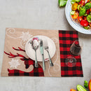 Christmas Linen Embroidery Placemat Elk Plaid Non Slip Xmas Decor Table Mat