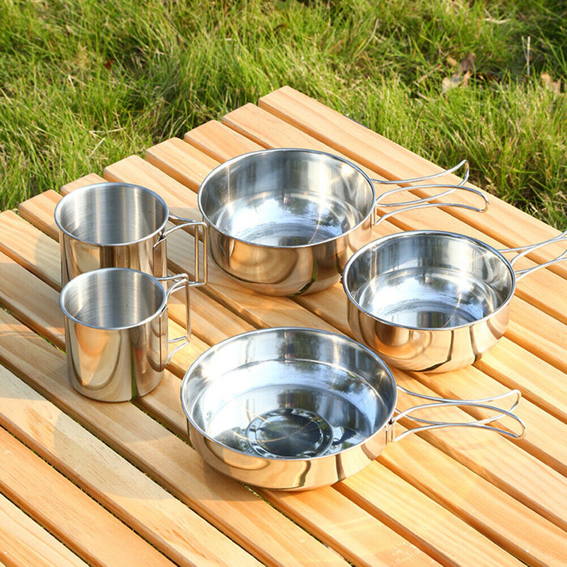 5 Piece Camping Tableware Set Stainless Steel Portable Cup Bowl Pot Tableware
