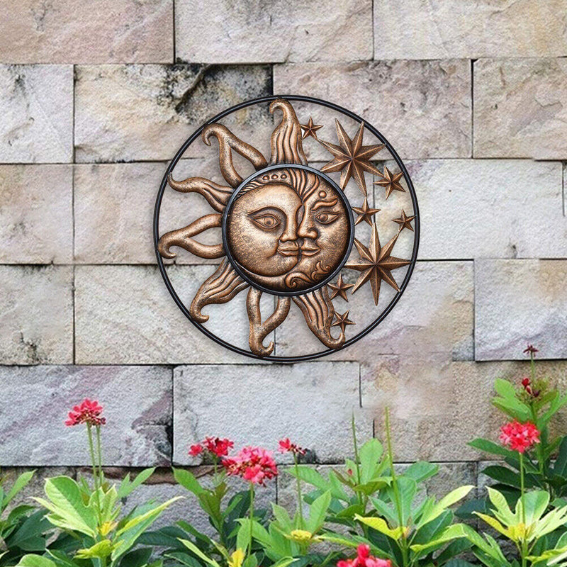 Metal Sun Moon Wall Hanging Sculpture Wrought Iron Ornament Art for Home Decor
