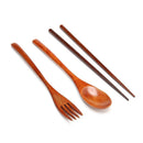 Japanese Portable Wood Chopsticks Fork Spoon Tableware Cutlery Set (C) Newly