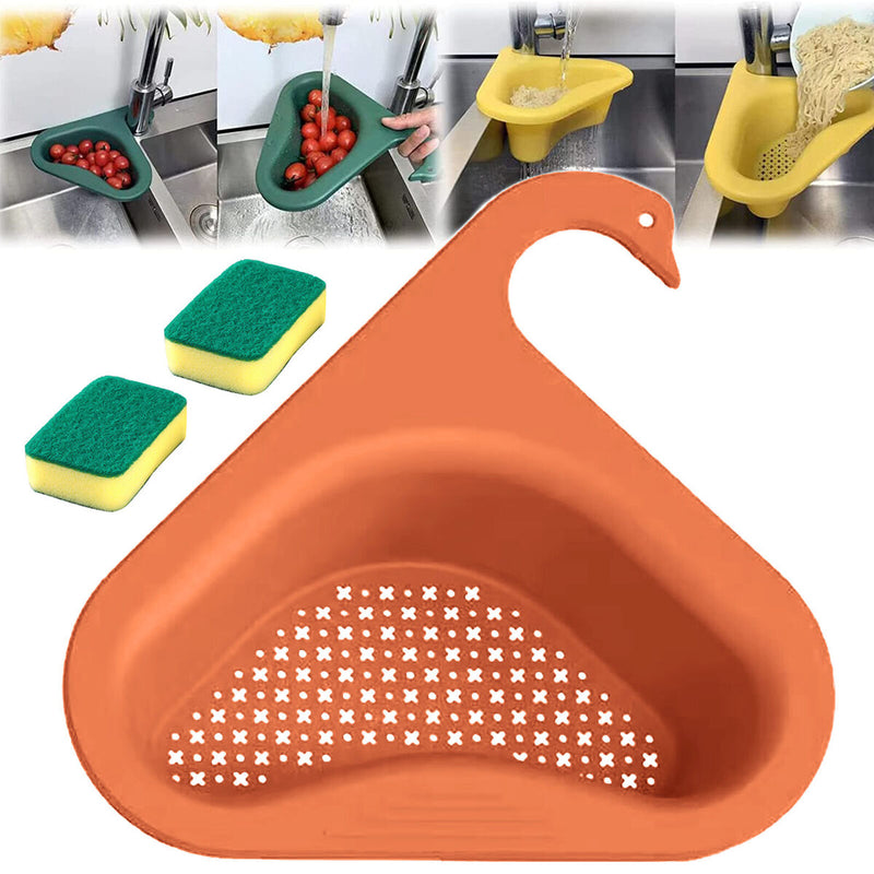 Sink Strainer Colander Drain Basket 1pc Hanging Shelf Rack with 2 Sponges Newly