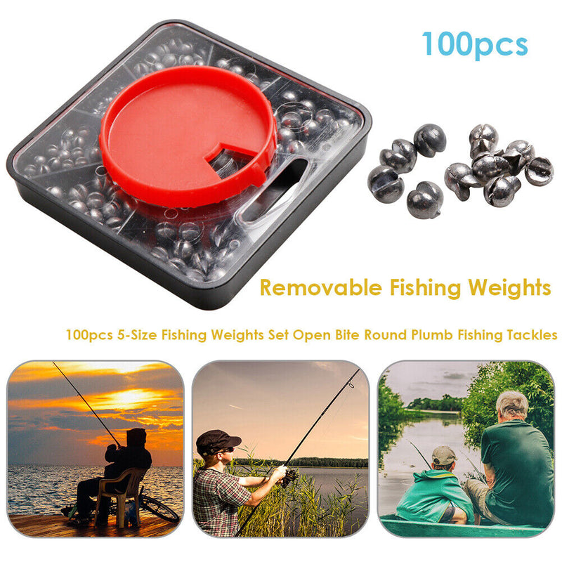 100pcs 5-Size Fishing Weights Set Open Bite Round Plumb Fishing Tackles Newly