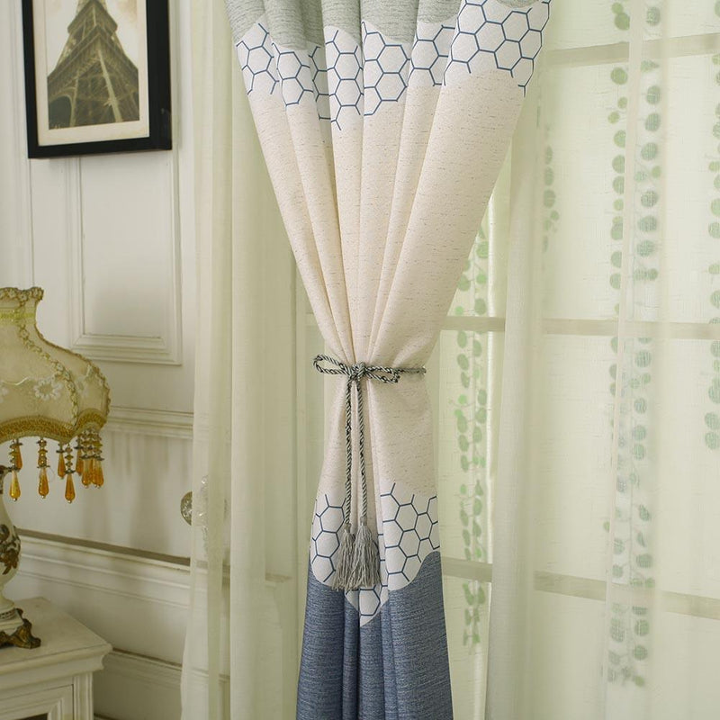 Wide Strip Shading Curtain Bedroom Living Room Semi Blackout Purdah(Blue)