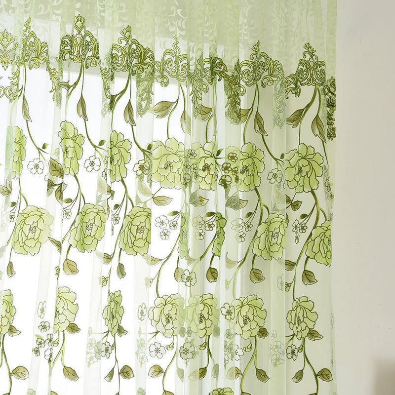 Peony Flower Offset Printing Curtain Yarn Tulle Curtain for Decor(Green)