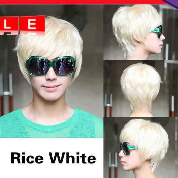 Fashion Man Short Platinum Blonde Rice White Straight Wig