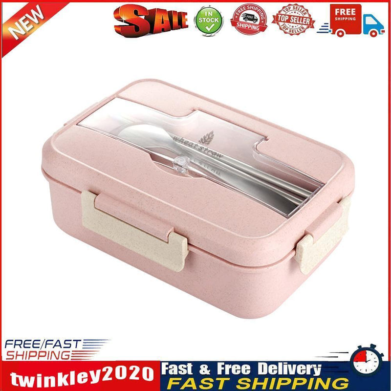 Microwave Lunch Box Wheat Straw Compartments Bento Food Container (Pink) Newly