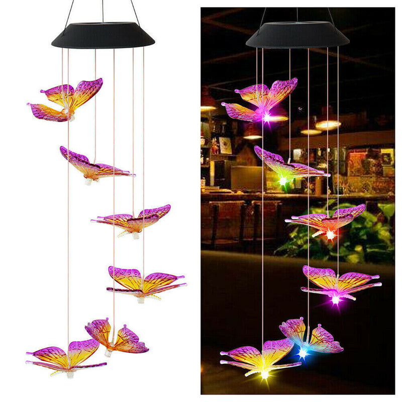 LED Solar Wind Chime Butterfly Light Color Changing IP65 Hanging Lamp (B) Newly