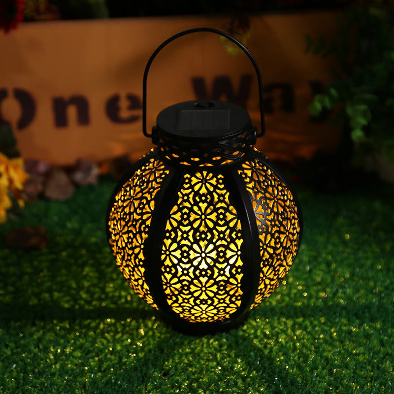 Solar Lanterns - Hollowed Flower Wrought Iron Decor Lanterns Light (Black) Newly
