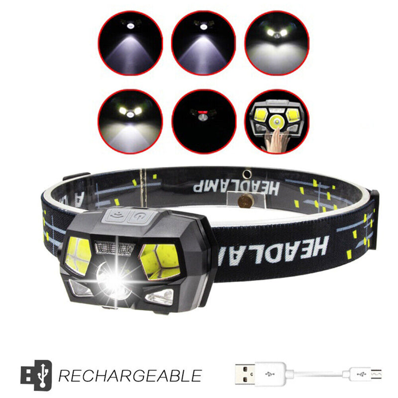 Powerful XPE+COB LED Headlight Sensor Head Light USB Charging Head Torch