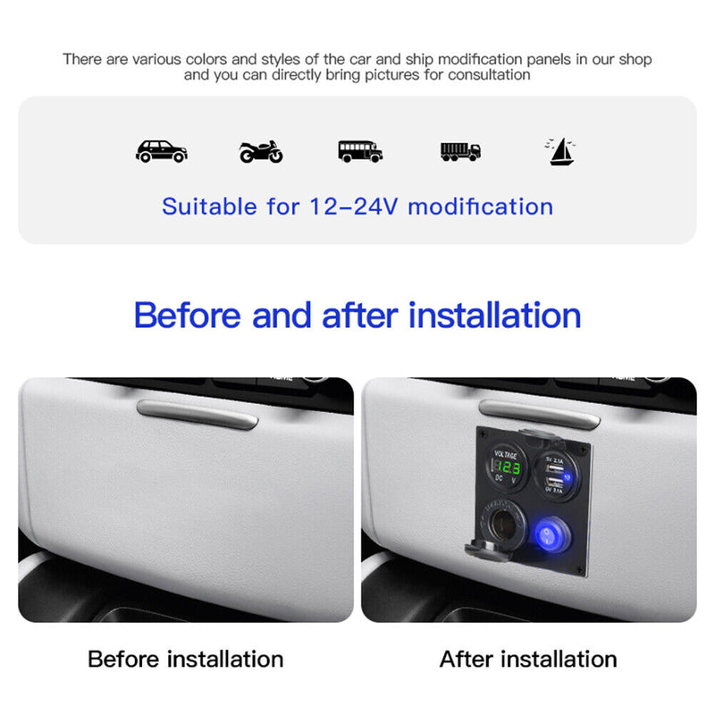 4 in 1 Switch Panel Voltmeter Dual USB Waterproof Switches for Car Marine Boat