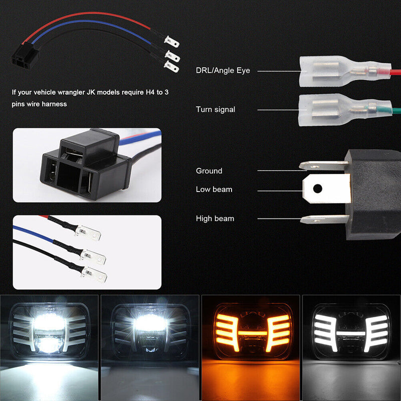 7 inch Square LED Headlight 7x6 5x7 Hi/Lo Beam Headlamp DRL Turn Signal for