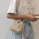 Straw Shoulder Satchel Bags Women Lace Flower Decor Drawstring Crossbody Handbag