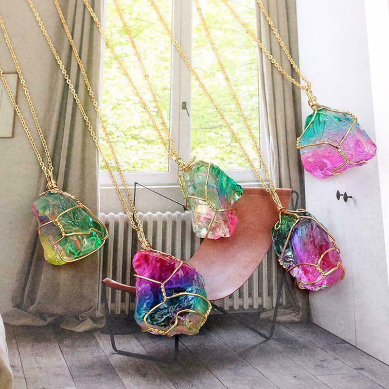 Rainbo Aura Quartz Crystal Pendulum Necklace Pendant B1T3 Crystal Chakra E6H6