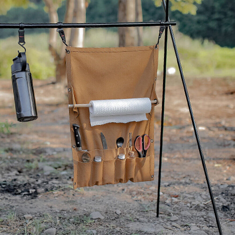 Camping Tableware Storage Bag Canvas Towel Rack BBQ Cutlery Hanging Holder Newly