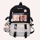 Women Cute Hit Color Backpack Student Canvas Knapsack with Pendant (Black) Newly
