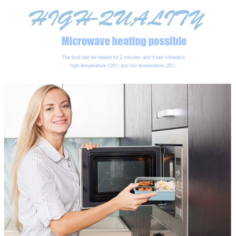 Microwave Lunch Box Wheat Straw Compartments Bento Food Container (Blue) Newly