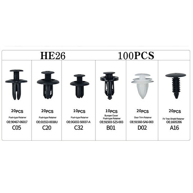 100 in 1 Universal Car Clips Auto Rivets Fasteners Assortment + 6 inch Remover
