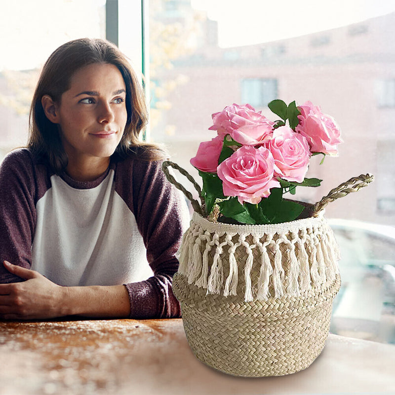 Handmade Foldable Hanging Basket Long White Tassels Laundry Container (S)