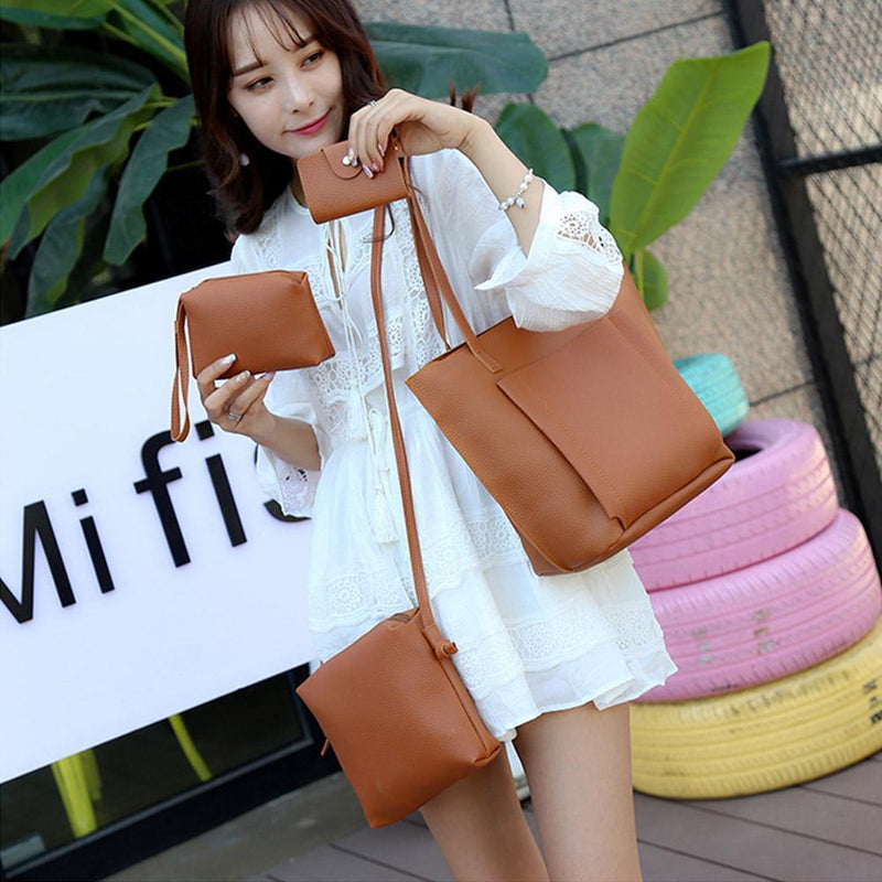 4pcs/set Shoulder Handbags Leather Women Crossbody Clutch Card Bags (Brown)