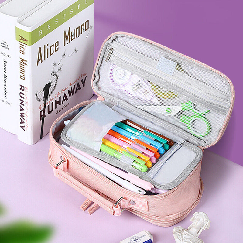 Large Capacity Pencil Case Spacious Canvas Stationery Storage Bag (Pink) Newly