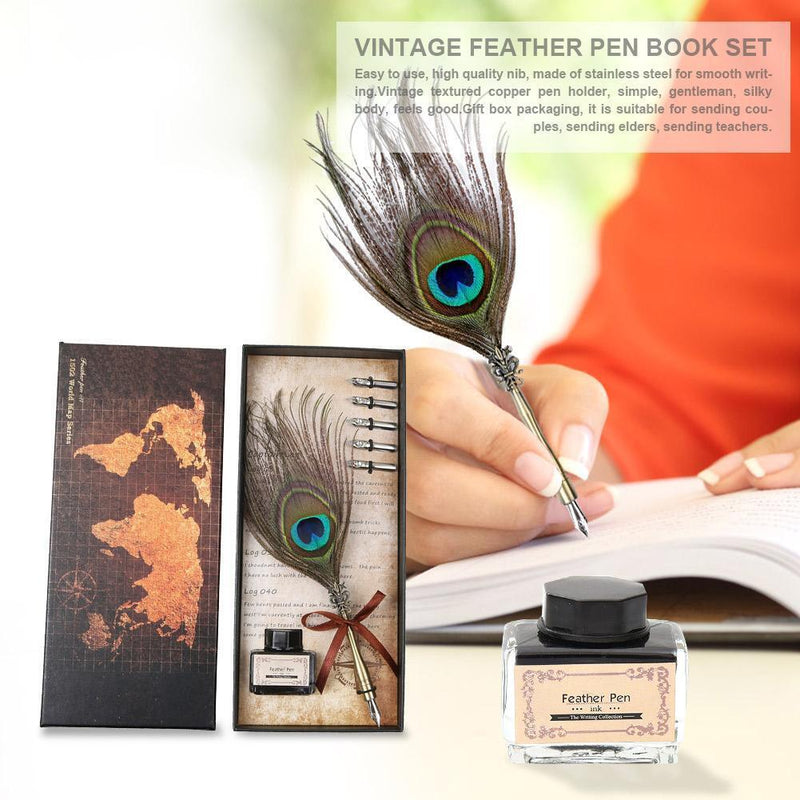 Retro Peafowl Feather Dip Pen Writing Ink Set Fountain Pens Stationery Gift