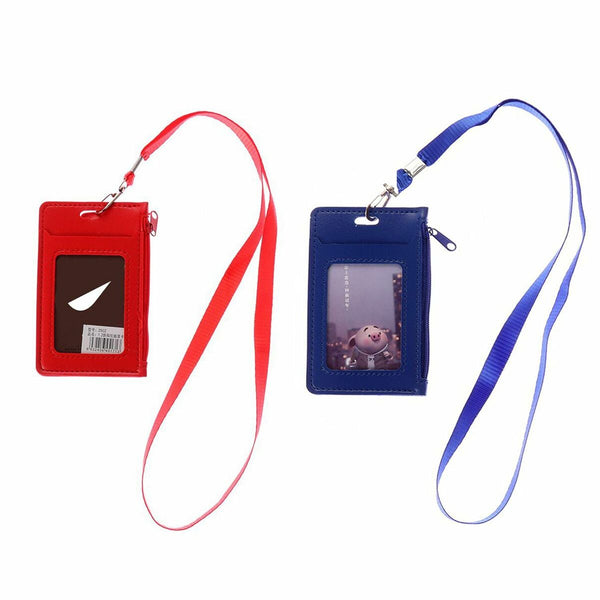 With Lanyard Faux Leather Multi colored ID Holders Wallets Card Case Zipper Bag