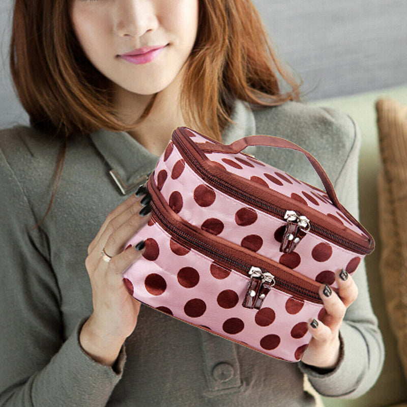 Portable Dual Layer Cosmetic Case Dot Beauty Makeup Toiletry Bag Organizer Newly