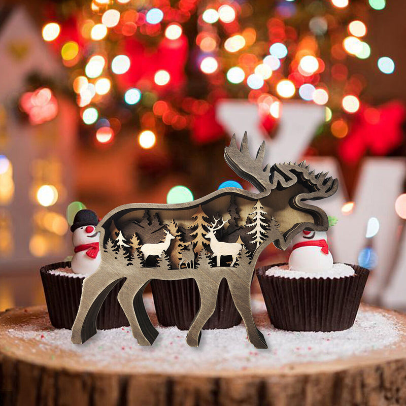 Wooden Ornaments Hollow Multi-Layer Animal Scene Display NO Light (Deer)