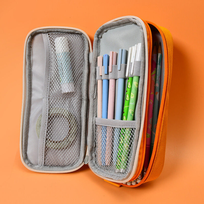 Canvas Pencil Case Double Layer Large Capacity Stationery Pen Box (Yellow) Newly