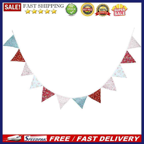 12 Flags Red Pink Blue Cotton Fabric Bunting Pennant Banner Birthday Party