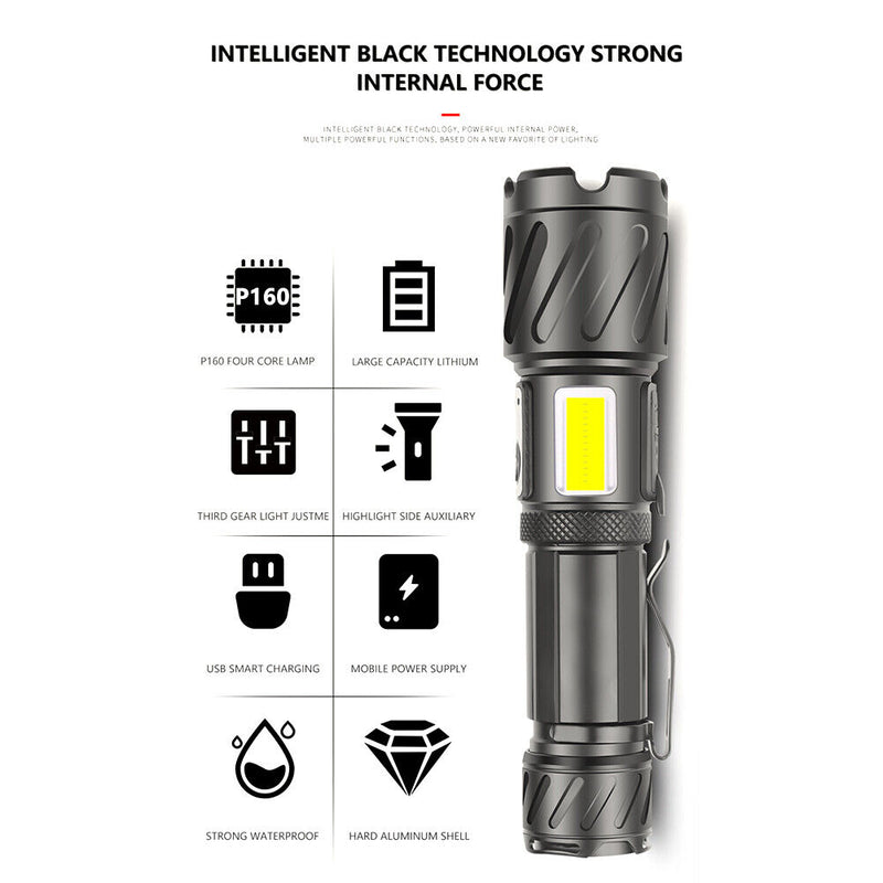 XHP160+ COB+ 12xLED Portable Torch USB Rechargeable Waterproof Flashlight Newly