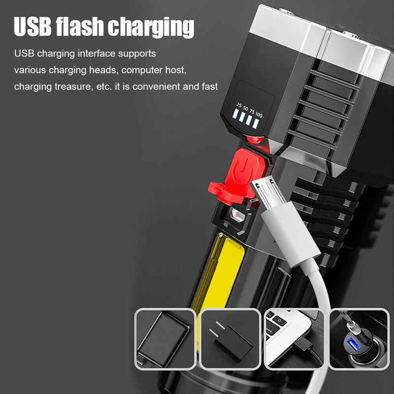 5xLED+COB Bead Strong Flashlight USB Rechargeable Portable Waterproof Torch