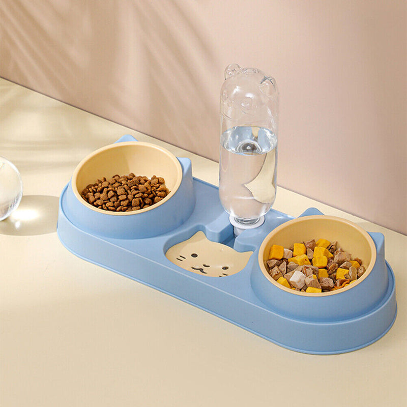 Cats Dogs Double Bowl Auto Feeder Water Dispenser Food Container (Blue) Newly