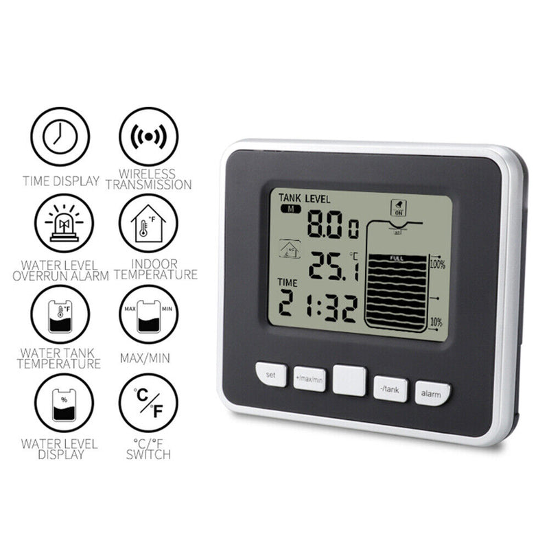 Ultrasonic Wireless Water Tank Liquid Depth Level Meter w/Temperature Display