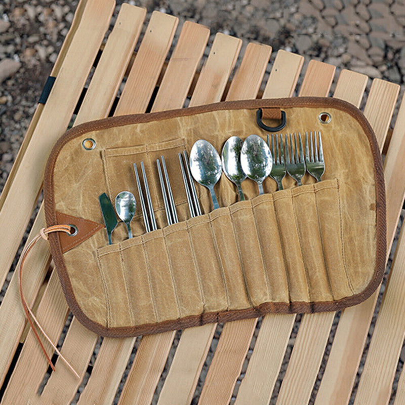 12pcs Camping Tableware Storage Bag Cutlery Organizer Roll BBQ Picnic Carry Case