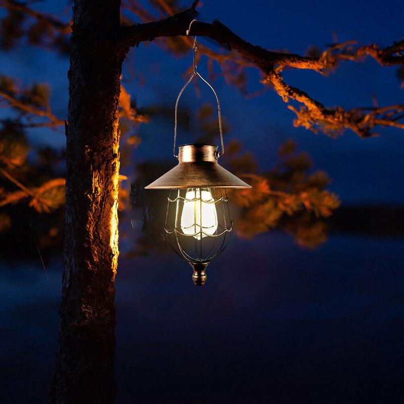 LED Lantern Metal Bronze Hollow Out Solar Charged Hanging Art Household Ornament