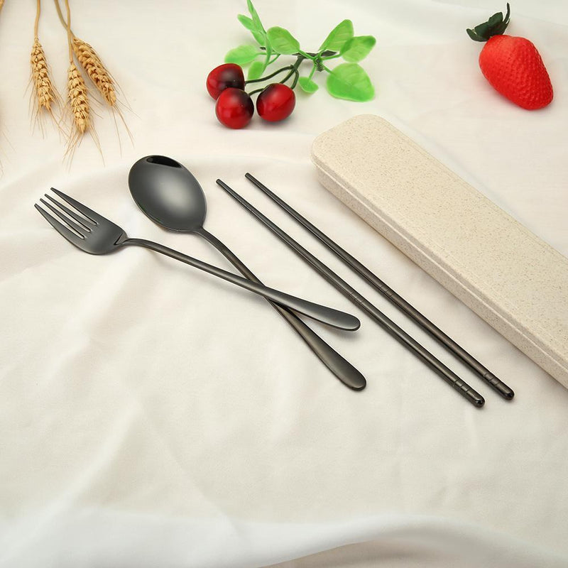 4pcs Stainless Steel Tableware Set Spoon Fork Chopsticks Gifts (Black) Newly