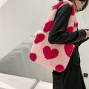 Women Love Heart Print Plush Shoulder Bag Fashion Winter Large Capacity Handbags
