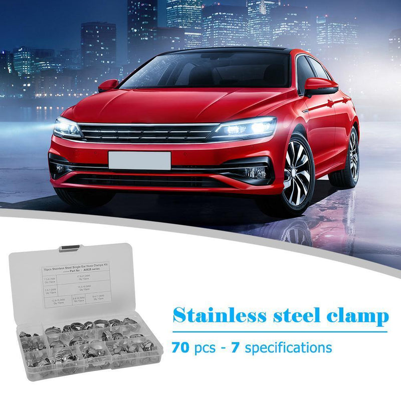70pcs 7 Sizes Stainless Steel Single Ear Hose Clamps Fuel Air Pipe O Clips Newly