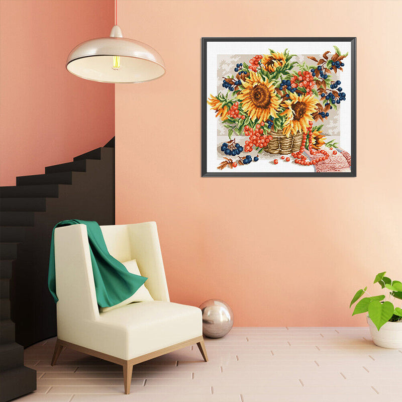 11CT Full Cross Stitch Sunflower Basket Counted DIY Embroidery Kit Cotton T