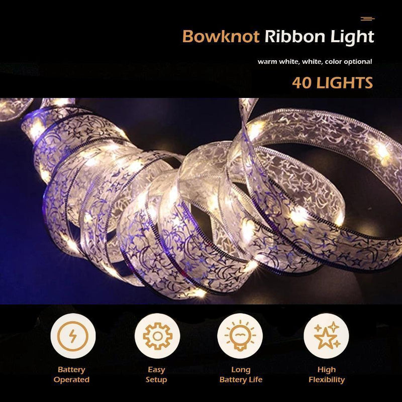 2PC Fairy Lights Strings Christmas Ribbon Bow Holiday Decor (Warm Light 4m)