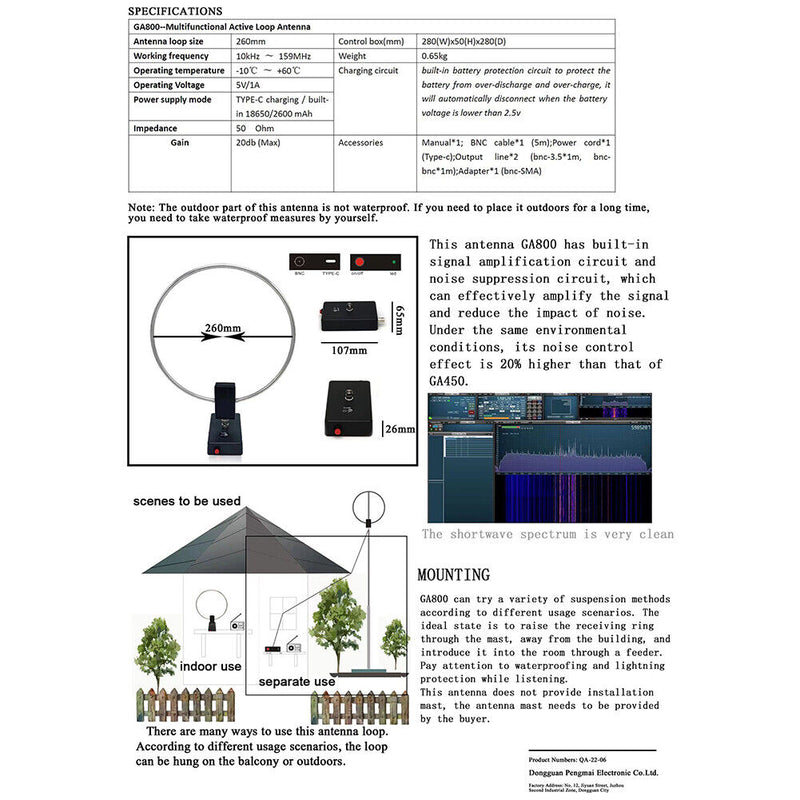 GA800 Active Loop Antenna 10KHz-159MHz HF Short Wave Small Antenna for Radi