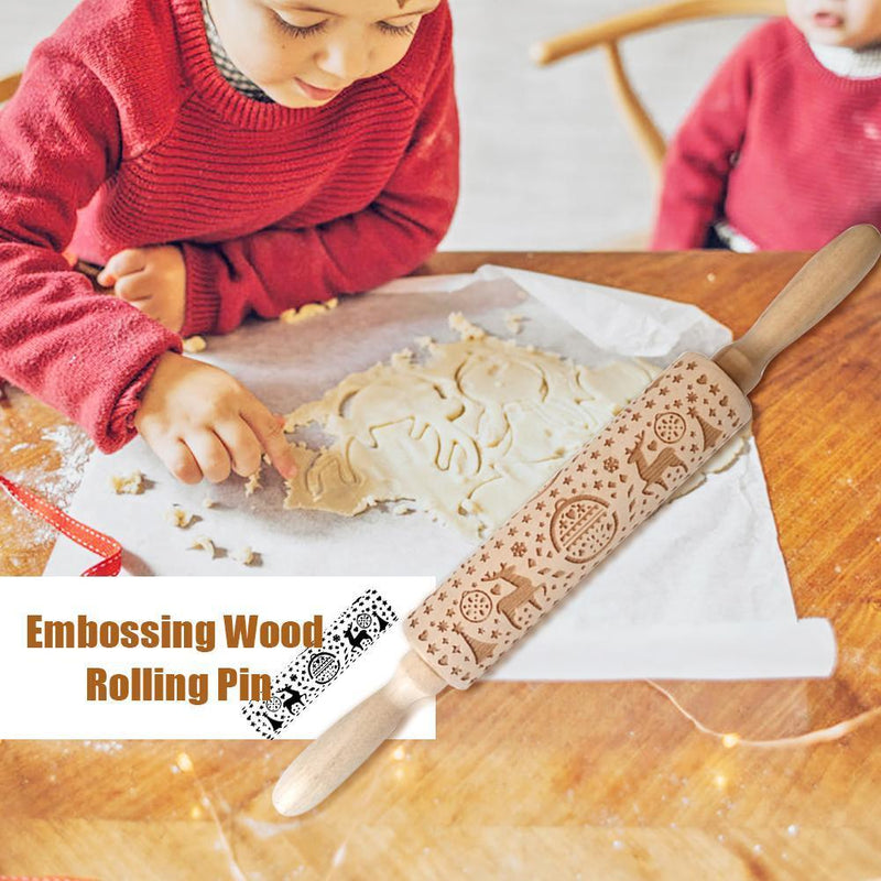 Wooden Snowflake Elk Embossed Rolling Pins Embossing Baking Cookies Biscuit