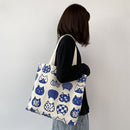 Women Cartoon Cat Print Shopping Bags Casual Large Capacity Canvas Shoulder Bag