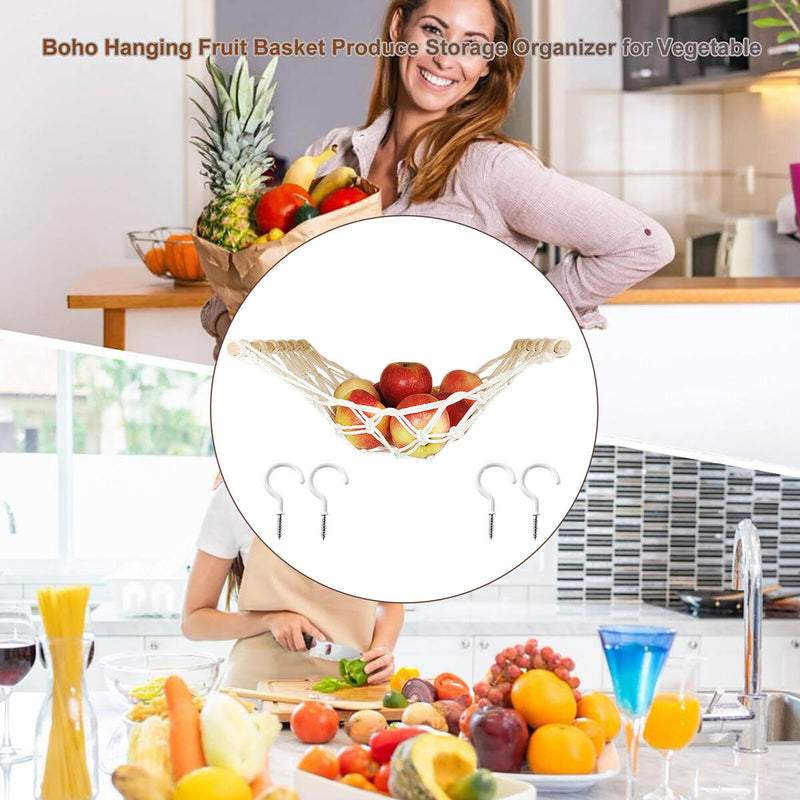 Hanging Fruit Hammock Fruit Basket with Hooks Under Cabinet (Beige 30x50cm)