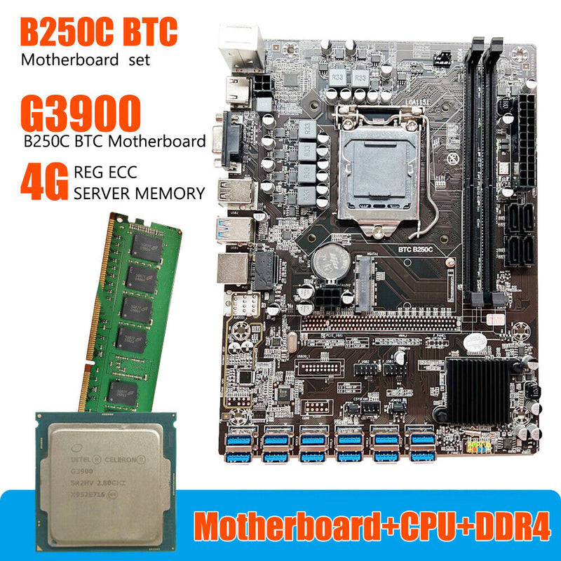 B250C BTC G3900/G3930 CPU DDR4 4G LGA1151 Miner Board 12 USB3.0 Motherboard Kit