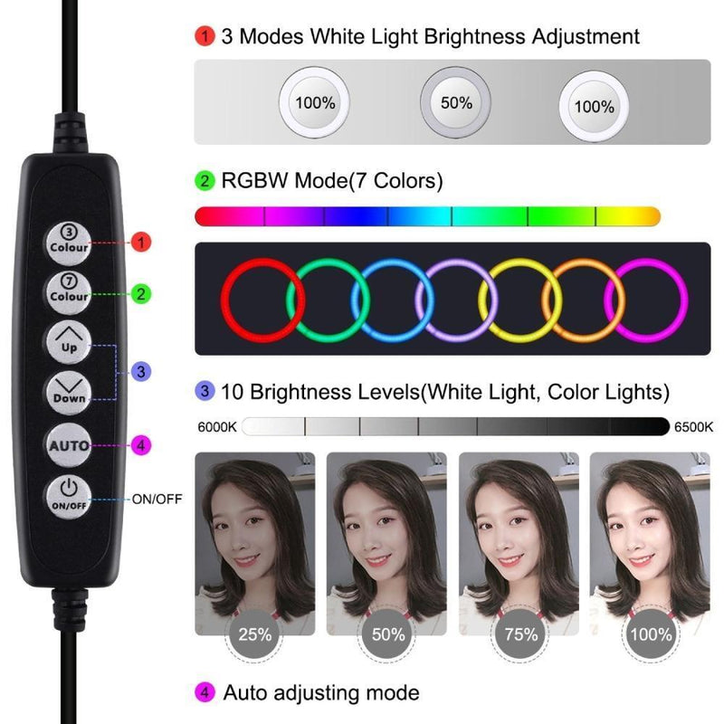 with Tripod LED Ring Light Selfie Video Light 8 Colors RGBW USB 10 Modes
