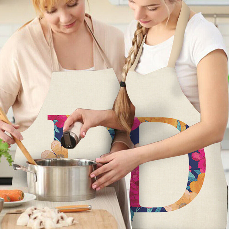 Flower D Print Linen Apron Simple Waterproof Kitchen Cooking Bib (68x55cm)