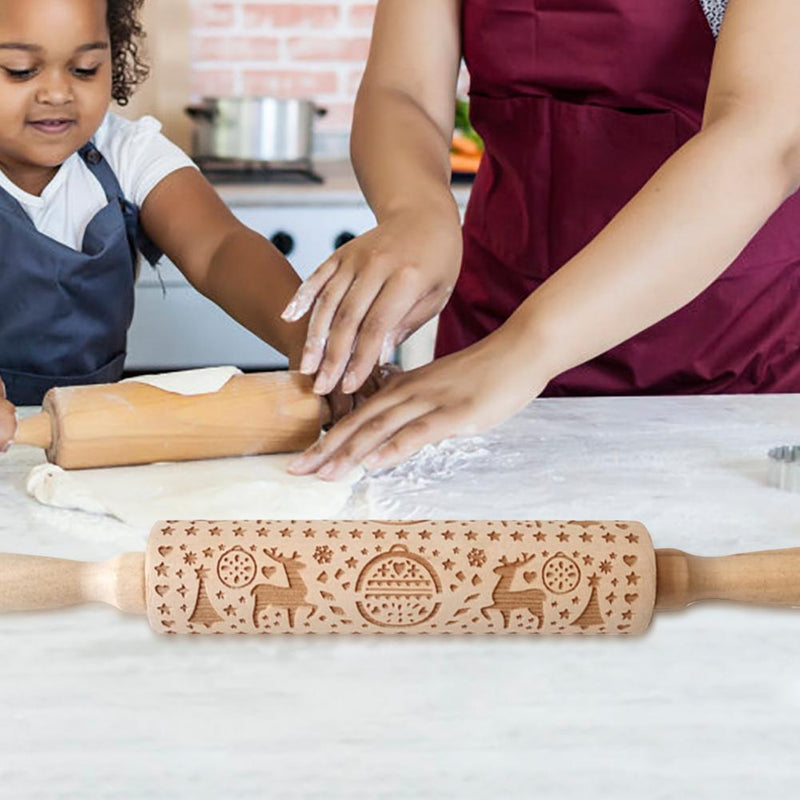 Wooden Snowflake Elk Embossed Rolling Pins Embossing Baking Cookies Biscuit