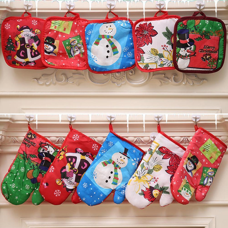 2pcs/set Christmas Home Decoration Glove+Microwave Oven Heat Insulation Pad